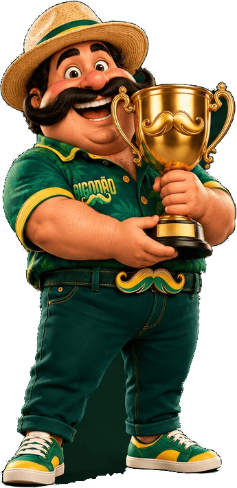 Bigodão segurando um troféu, comemorando